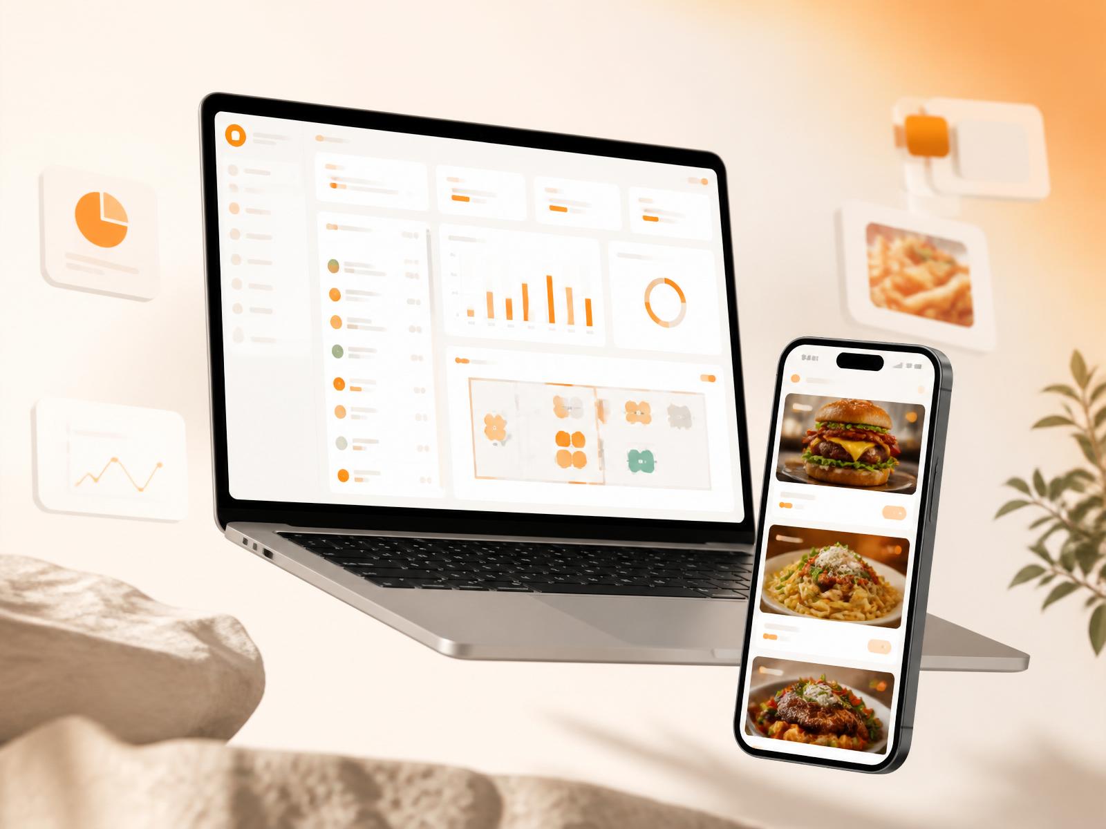 Painel Cardápioo em notebook e cardápio digital no celular